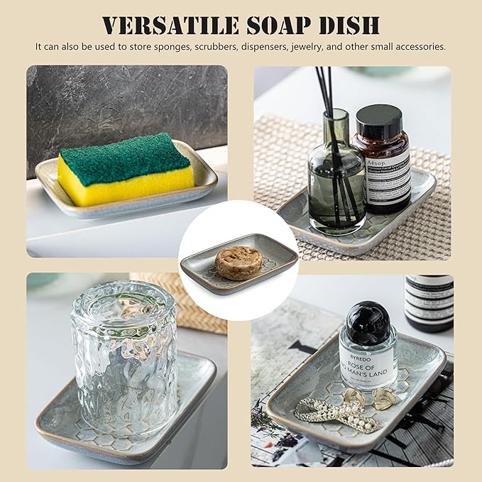 Gomakren Soap Dish for Shower, Ceramic Bar Soap Holder with Honeycomb Design, Soap Saver Tray for Bathroom Kitchen Sink, Sponge & Organizer Tray, Upscale Look, 5.5 Inch, Gray