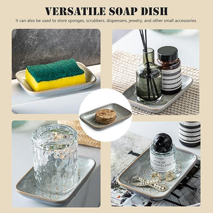 Gomakren Soap Dish for Shower, Ceramic Bar Soap Holder with Honeycomb Design, Soap Saver Tray for Bathroom Kitchen Sink, Sponge & Organizer Tray, Upscale Look, 5.5 Inch, Gray