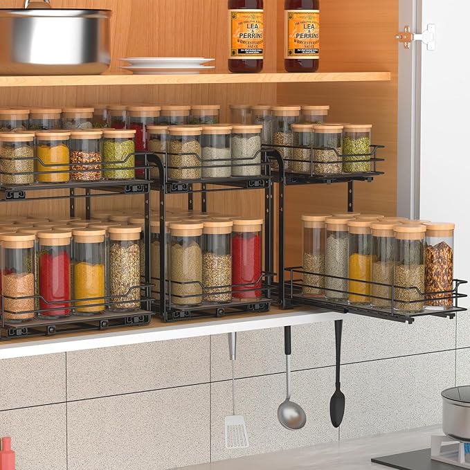 BOIVSHI Spice Rack Organizer for Cabinet, 2 Tier Pull Out Spice Organizer for Cabinet Height Adjustable Heavy Duty Metal Basket for Inside Cabinets & Pantry Closet (5.5''Wx10.5''Dx9.5''H)