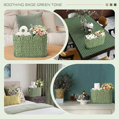 Kathfly Sage Green Toilet Paper Storage Basket Scalloped Wicker Woven Bathroom Basket Toilet Paper Holder Holds up to 6 Mega Rolls Woven Organizer for Home Bathroom Kitchen Offices