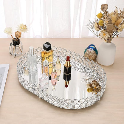 Hipiwe Crystal Vanity Tray, Mirrored Dresser Perfume Trays for Makeup Tray Cosmetic Skin Care Storage, Jewelry Trinket Organizer Tray for Bathroom Countertop Home Decor, Large