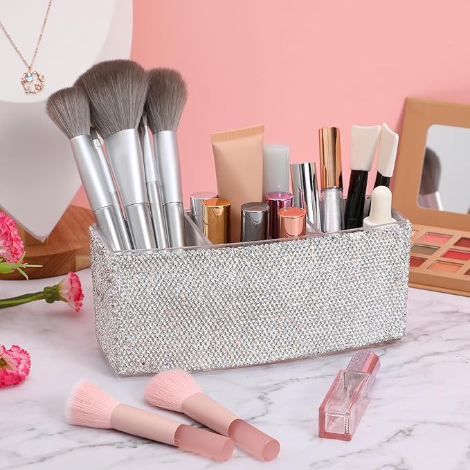 TEHAUX Bling Makeup Organizer for Vanity with 3 Compartments Rectangular Cosmetic Storage Box for Desk Makeup Brushes Lipsticks - Elegant Rhinestone Design 2.87 X 7.28 X 2.87 Inches