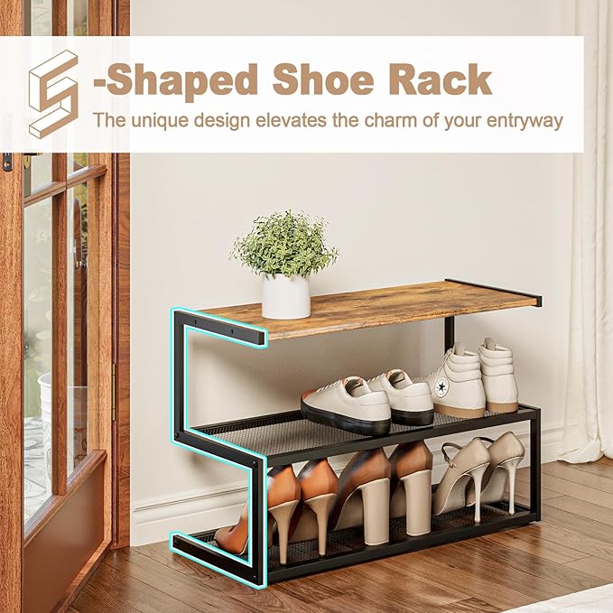 Shoe Rack, Unique 5-Shaped Free Standing Shoe Shelf, 3-Tier Wooden Shoe Organizer with Wooden Top and Steel Frame for Front Door Entrance, Entryway, Hallway, 24.41" D x 11.02" W x 16.14" H