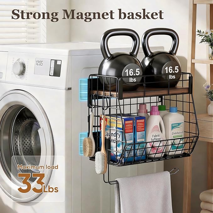Magnetic Spice Rack for Refrigerator with Paper Towel Holder, Fruit Basket with 2 Hooks for Kitchen Storage and Organizer, Full‑Enclosed Magnetic Shelf 33 lbs for Laundry, Pantry, Coffee Bar and RV
