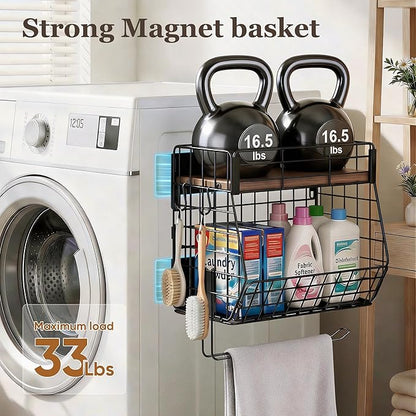 Magnetic Spice Rack for Refrigerator with Paper Towel Holder, Fruit Basket with 2 Hooks for Kitchen Storage and Organizer, Full‑Enclosed Magnetic Shelf 33 lbs for Laundry, Pantry, Coffee Bar and RV