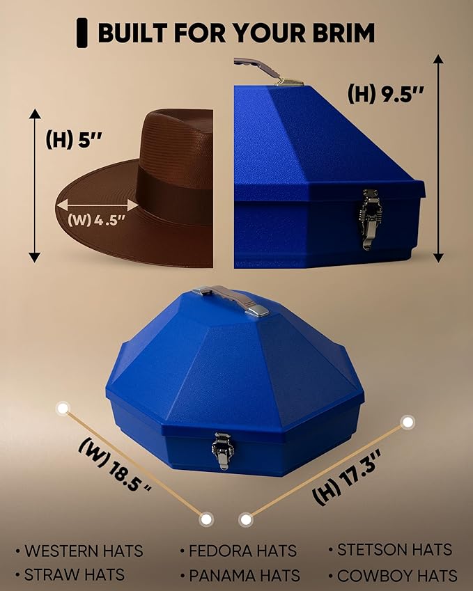 Cowboy Hat Box for Travel – Cowboy Hat Travel Case Hard w/Mirror, Latches & Bag – Hat Can - Western Hat Boxes for Men & Hat Boxes for Women Storage - Royal Blue