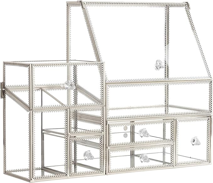 Tempered Glass Makeup Organizer with Heart Shaped Metal Frame, Large Cosmetic Storage Drawer Cabinet, Dustproof Vanity Display Case for Lipstick Makeup Brush Skincare Bathroom Bedroom