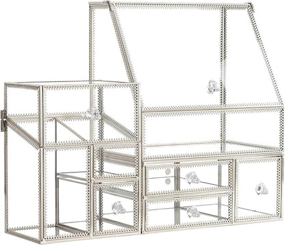 Tempered Glass Makeup Organizer with Heart Shaped Metal Frame, Large Cosmetic Storage Drawer Cabinet, Dustproof Vanity Display Case for Lipstick Makeup Brush Skincare Bathroom Bedroom