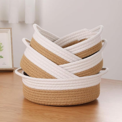 Small Storage Woven Baskets Shelves Natural Cotton Rope Bins with Handle Toilet Tank Paper for Countertop Cute Gifts Organizing Mini Nursery 5 Set box (White & Jute)