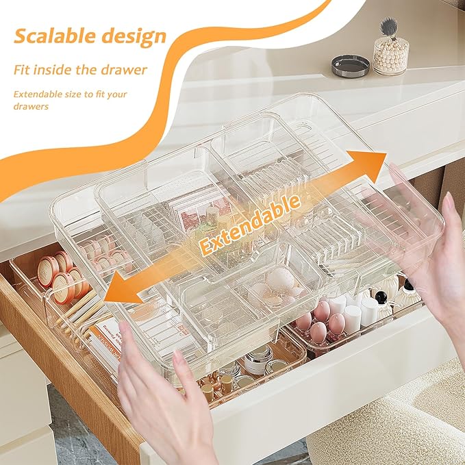 Qivine Expandable Acrylic Drawer Organizer, Clear Makeup Drawer Organizer Trays, 11 to 19In Adjustable Kitchen Utensil Organizer with 5 Compartments Expandable for Makeup Silverware Office Bathroom