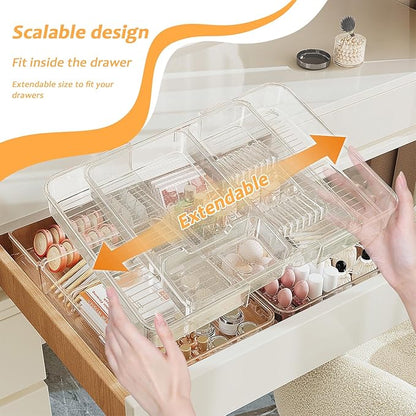 Qivine Expandable Acrylic Drawer Organizer, Clear Makeup Drawer Organizer Trays, 11 to 19In Adjustable Kitchen Utensil Organizer with 5 Compartments Expandable for Makeup Silverware Office Bathroom