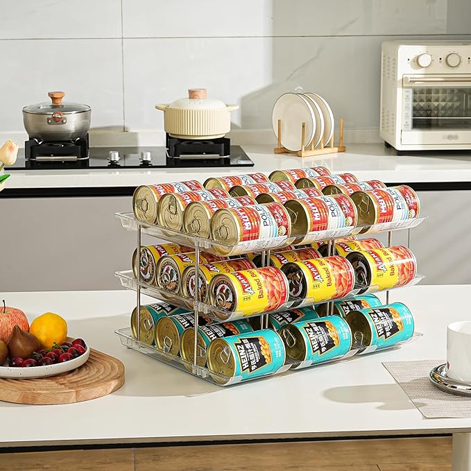 Amlllas Can Organizer for Pantry, Stacking Can Storage Organizer Pantry, Automatic Rolling Can Rack for Fridge, 3Tire 6 Columns Can Holder for 72 Cans, Canned Goods Organizer