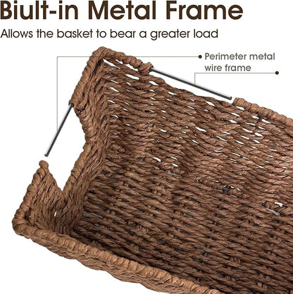 Paper Rope Storage Baskets for Shelves Organizing, Small Hand Woven Wicker Organizer Basket with Handle for Bathroom Toilet Paper Storage, Brown, 3-Pack