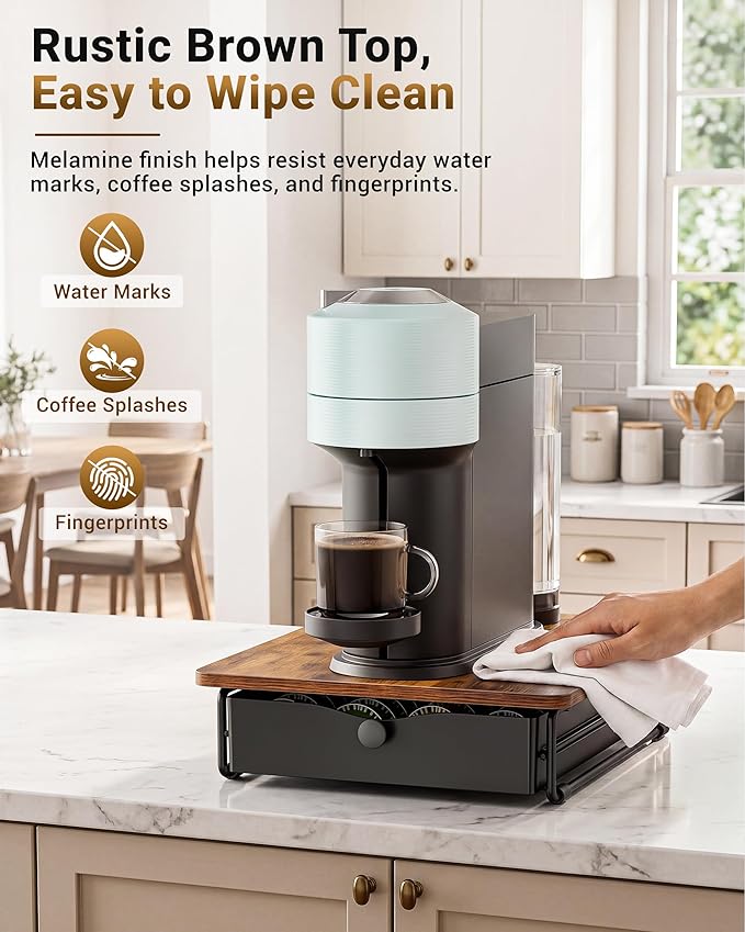 EVERIE Coffee Pod Holder Drawer, Compatible with Nespresso Vertuo Capsules, Holds 40 Large or 52 Small Pods, Flexible Slots for 4 Capsule Sizes, Rustic Brown Countertop Organizer, 15.6" Dx13 Wx3.7 H