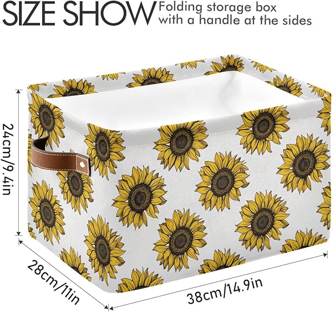 Foldable Storage Baskets, Meadow Sunflower Storage Bins with Handles, Decorative Cloth Organizer Storage Boxes for Home|Office 15 x 11 x 9.5 in