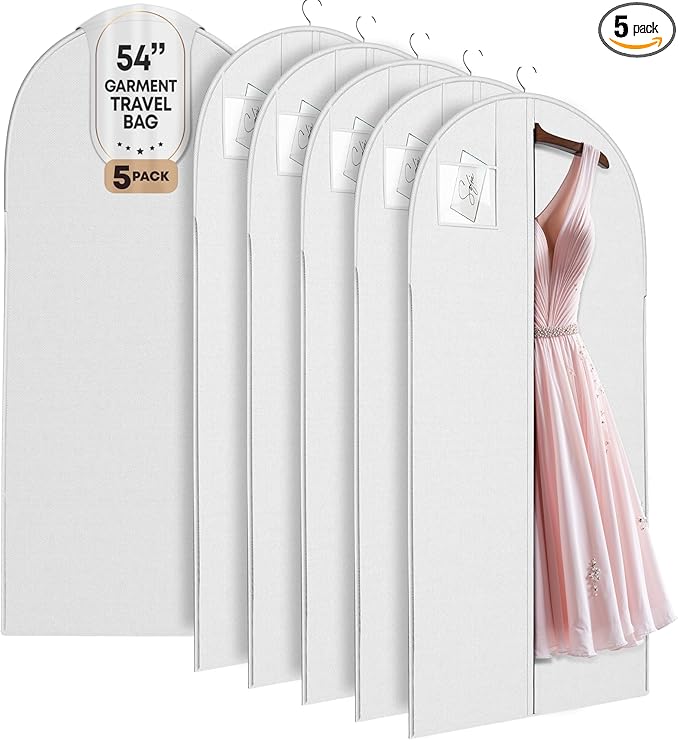 Luxury On the Go Long Formal Dress Bag – 54" Hanging Garment Bag for Dresses, Prom & Bridesmaid– Long Garment Bags for Hanging Clothes Lightweight & Tear-Resistant with Clear ID Window – 5 Pack