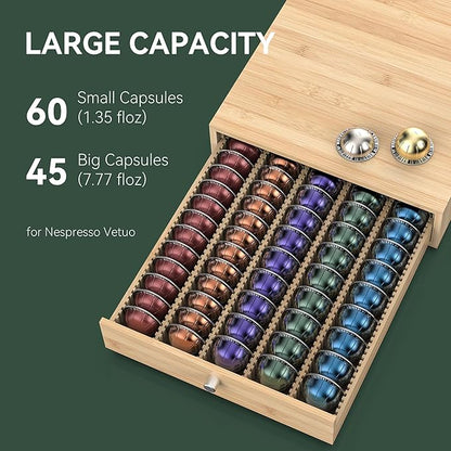 for Nespresso Vertuo Capsules (NV145) - Premium Bamboo Coffee Pod Drawer, 45 Big or 60 Small Vertuoline Pods Organizer - 13.25"Wx14"Dx3.9"H (Natural)