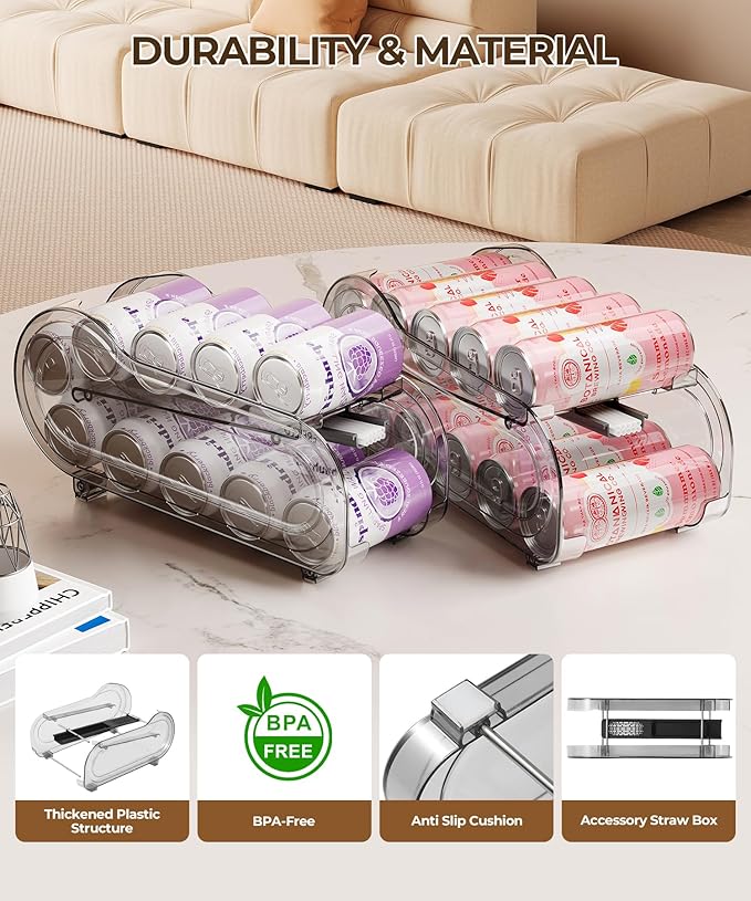 Drink Organizer for Fridge, Soda Can Organizer Dispenser for Refrigerator with Automatic Rolling,Organize Standard Size 11.15oz or 12oz Cans Drink,Save space for Fridge、Kitchen、countertop （4 pack）