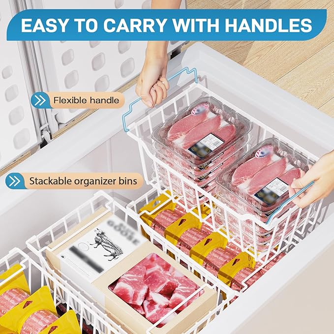 SUNALLY Freezer Organizer Bins, 8 Pack Chest Freezer Organizer Stackable for 5-7 Cu.FT Deep Freezer Sort Frozen Meats and Food, Freezer Storage Baskets with Handles Easy Reach from Bottom, White