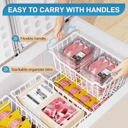 SUNALLY Freezer Organizer Bins, 8 Pack Chest Freezer Organizer Stackable for 5-7 Cu.FT Deep Freezer Sort Frozen Meats and Food, Freezer Storage Baskets with Handles Easy Reach from Bottom, White
