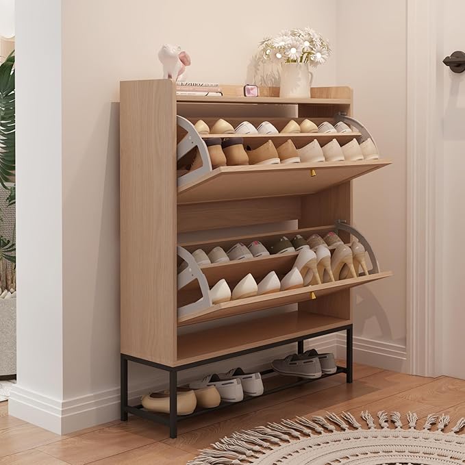 AVZEAR Narrow Shoe Storage Cabinet for Entryway with 2 Flip Drawers, Freestanding Shoe Cabinet with Natural Linen Panel, Slim Wood Shoe Organizer Closed Shoe Rack for Hallway, Foyer, Natural