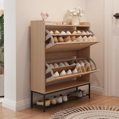 AVZEAR Narrow Shoe Storage Cabinet for Entryway with 2 Flip Drawers, Freestanding Shoe Cabinet with Natural Linen Panel, Slim Wood Shoe Organizer Closed Shoe Rack for Hallway, Foyer, Natural