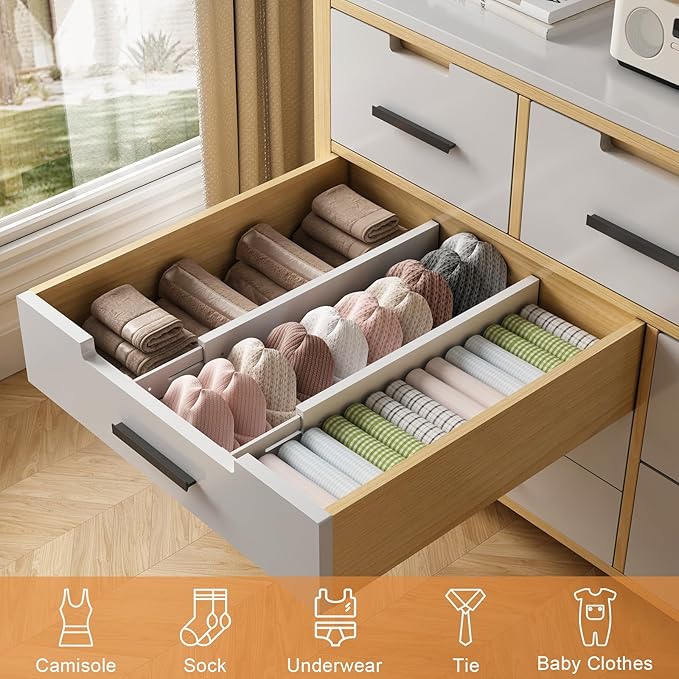 Bamboo Drawer Dividers,17-22" Adjustable Kitchen Drawer Organizer for Clothes,8 Pack Expandable Drawer Organization Separators for Bedroom,Bathroom,Dresser and Office,White