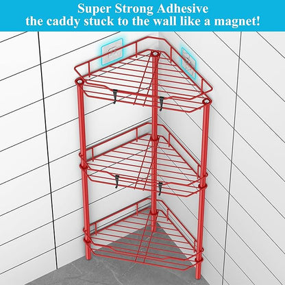 HuggieGems 3 Tier Floor Standing Corner Shower Caddy Organizer Shelf with Hooks, Bathroom Shelves Stand Rack, Red