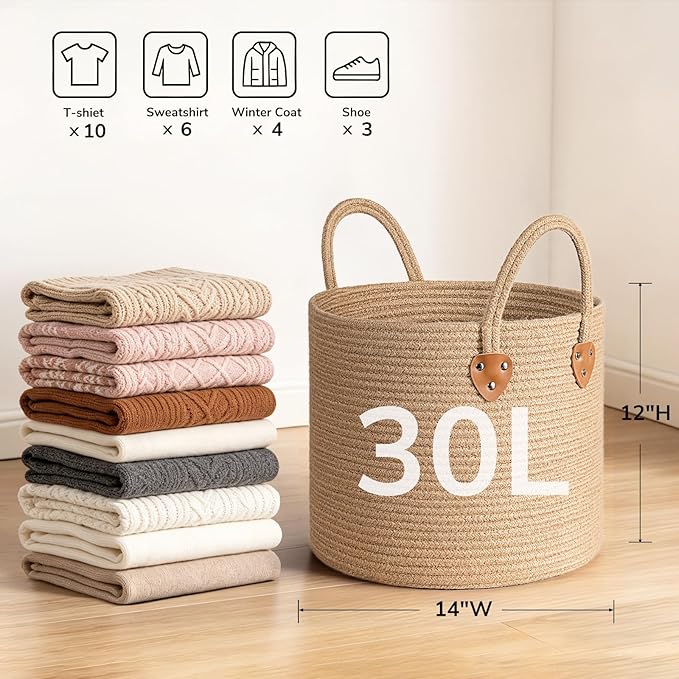 CHICVITA Jute Laundry Basket With Handles, Wicker Basket for Kids Blankets Toys Clothes Shoes, Baby Hamper for Nursery Boho Decor, Plant Baskets Indoor, 14" X 14" X 12", Jute Brown