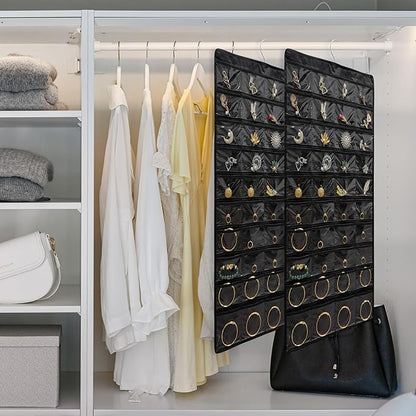 2 PACK (Each Pack 80 Pockets,Total 160 Pockets) Hanging Jewelry Organizer with Hanger Metal Hooks Storage On Wall Door Closet Double-Sided Jewelry Holder for Earrings, Necklaces, Rings (2 Pcs Black)
