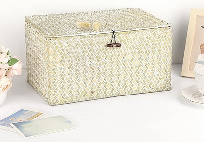 Hipiwe Wicker Shelf Baskets Bin with Lid, Large Natural Seagrass Basket Storage Bins Handwoven Rectangular Household Basket Boxes for Shelf Wardrobe Home Organizer and Decor, Whitewash