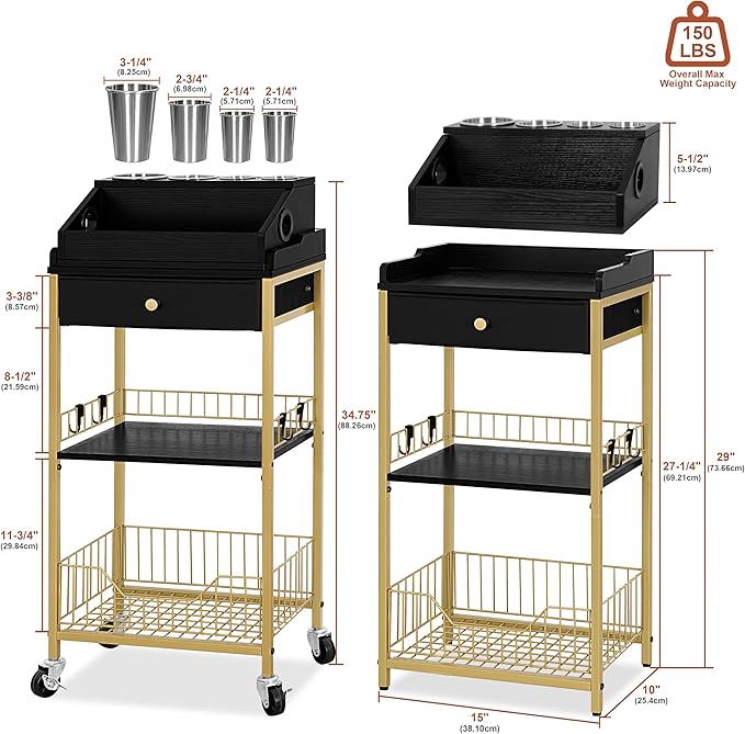 Large Makeup Organizer Cart with Hair Tool Holder, Rolling Makeup Cart with Drawer, 2-in-1 Vanity Organizer Cosmetic Display Cases for Skin Care Perfume Nail Polish Brush Tools, Gold & Black