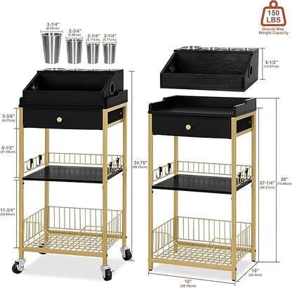 Large Makeup Organizer Cart with Hair Tool Holder, Rolling Makeup Cart with Drawer, 2-in-1 Vanity Organizer Cosmetic Display Cases for Skin Care Perfume Nail Polish Brush Tools, Gold & Black