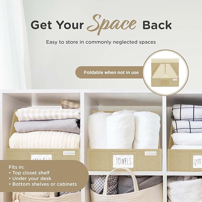 VIVIDECOR Open Front Closet Storage Bins 12x12x10 – Trapezoid Shelf Organizer, Easy Access Fabric Baskets for Clothes, Towels – Beige, 3 Pack