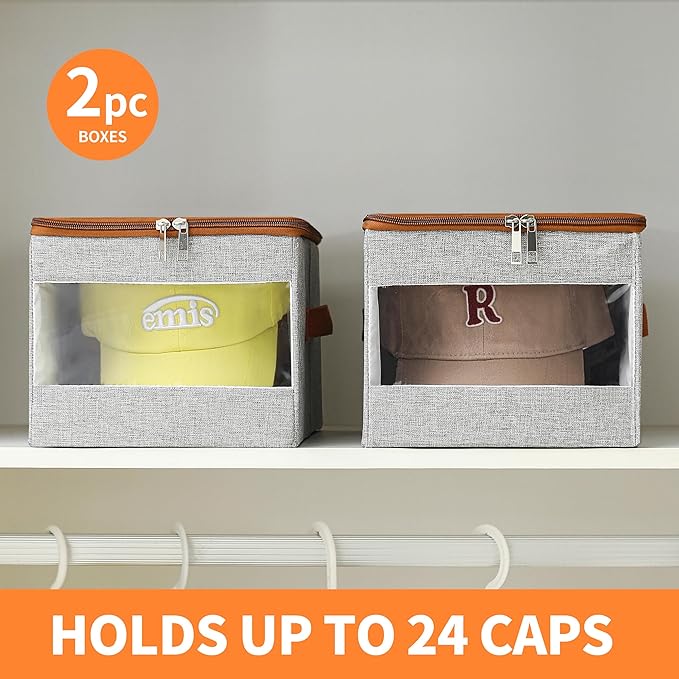Stackable Hat Organizer for Baseball Caps, Hat Storage Holder Container for Closet Hold Up to 12 Caps with Clear Window, Hat Boxes for Home Storage (Grey, 2 Packs)