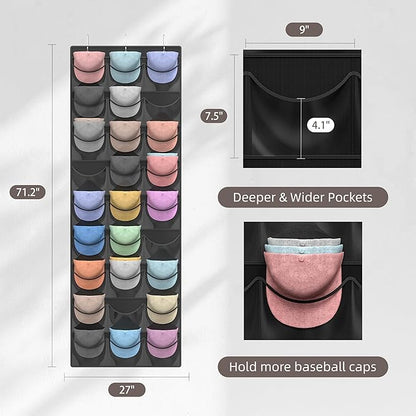 Hat Organizer Racks for Baseball Caps, 27 Deeper Pockets Baseball Hat Rack, Cap Rack, Hat Rack for Door with 3 Hooks