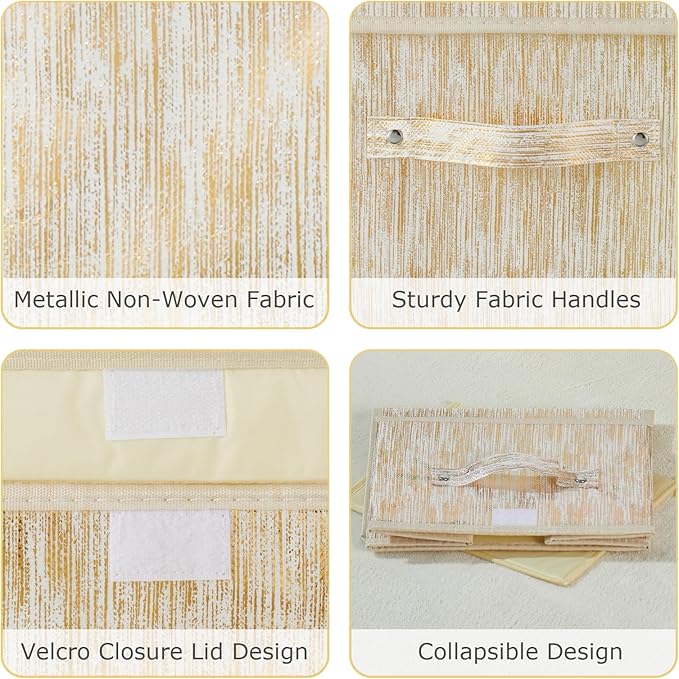 Decorative Storage Boxes with Lid Luxury Metallic Fabric Storage Bins Organizer Containers Collapsible Shelf Baskets with Handles for Home Bedroom Closet Office (Gold, Large Size)