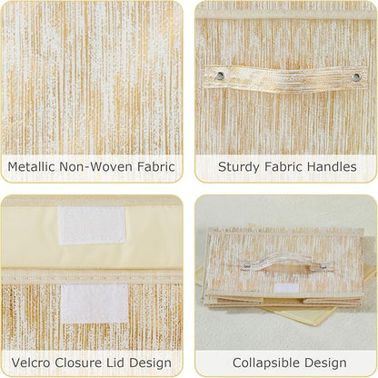 2PCS Decorative Storage Boxes with Lid Luxury Metallic Fabric Storage Bins Organizer Container Collapsible Shelf Basket with Handles for Home Bedroom Closet Office (Gold, Large Size)