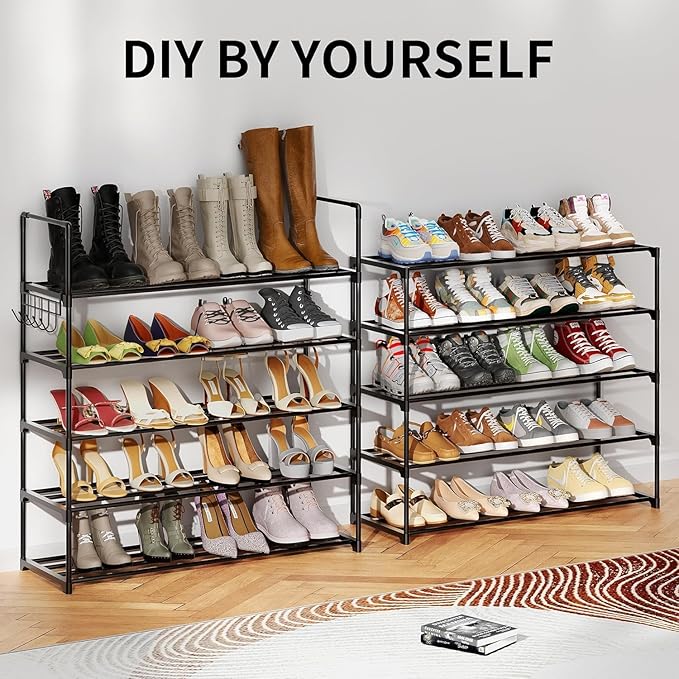 Metal Shoe Organizer,6 Tiers Shoe Storage Shoe Rack with Hooks,Fit 24-30 Pairs,Adjustable Shoe Shelf for Entryway,Hallway,Bedroom,Metal Bottom Support