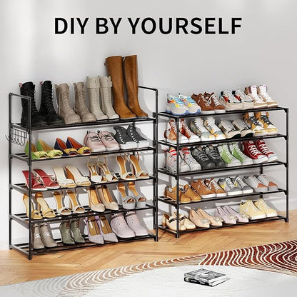 Metal Shoe Organizer,6 Tiers Shoe Storage Shoe Rack with Hooks,Fit 24-30 Pairs,Adjustable Shoe Shelf for Entryway,Hallway,Bedroom,Metal Bottom Support
