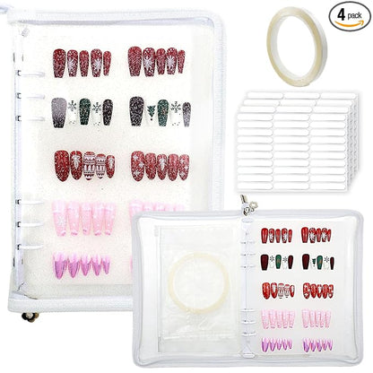 Press On Nail Storage Organizer with 4 Insert Pages - A5 Size Portable False Nail Storage Box for Collecting and Organizing Tips with Tape and Zipper Pocket (White)