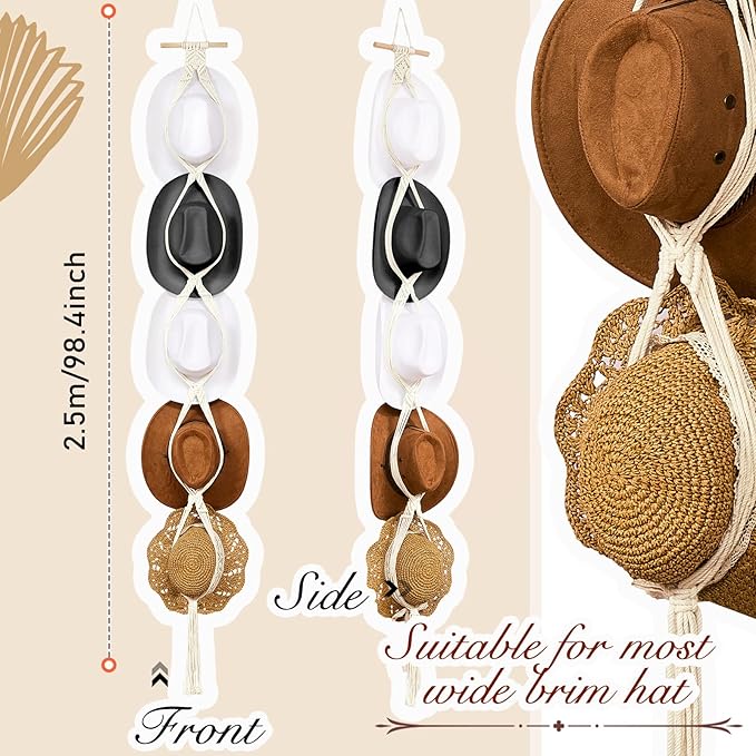 Yulejo Macrame Hat Hangers Racks Boho Cowboy Hats Holders Western Display Organizer Storage decor Back of Door for Wall(White,Five Hats Style)