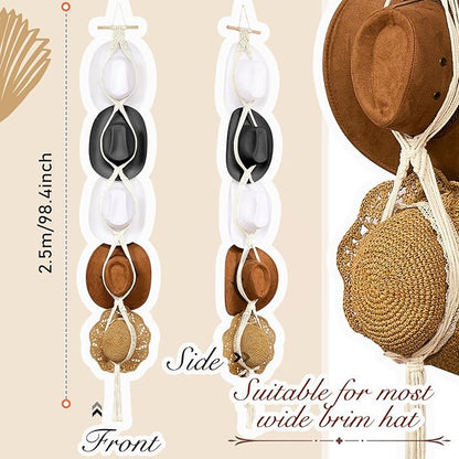 Yulejo Macrame Hat Hangers Racks Boho Cowboy Hats Holders Western Display Organizer Storage decor Back of Door for Wall(White,Five Hats Style)