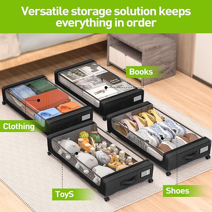 APSARAS USA Under Bed Storage with Wheels, Underbed Storage with Wheels and Clear Window, Rolling Drawers & Bins for Shoes Clothes in Dorm Bedroom, Easy Pull-out Black 2-Pack- Space-Saving