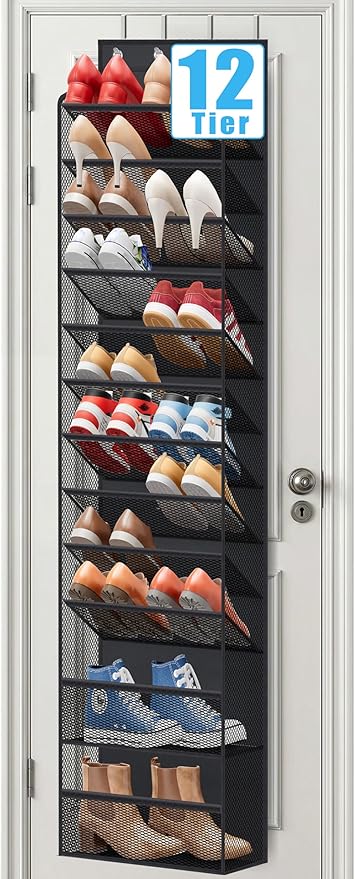 12 Tier Over the Door Shoe Organizer for Closet, Holds 24 Pairs Hanging Shoe Rack for Door with Mesh Pockets, Narrow Shoe Holder Hanger for Sneakers, Boots (Black)