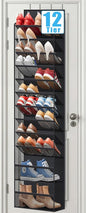 12 Tier Over the Door Shoe Organizer for Closet, Holds 24 Pairs Hanging Shoe Rack for Door with Mesh Pockets, Narrow Shoe Holder Hanger for Sneakers, Boots (Black)