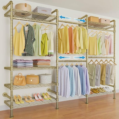 Timate F3 Garment Rack Heavy Duty Clothes Rack for Hanging Clothes, Expandable Industrial Pipe Wall Mounted Clothing Rack, Adjustable Storage Wardrobe Closets Kit Walk in Closet Systems, Gold