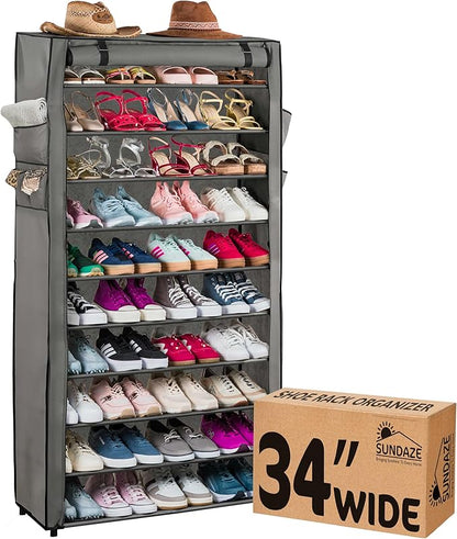 Sundaze Shoe Rack with Cover - 10 Tier Shoe Rack for Front Door Entrance, Sturdy Tall Shoe Organizer for Bedroom, Closet, Garage, Non Woven Fabric Shelf, Grey, Holds Up to 50 Pairs