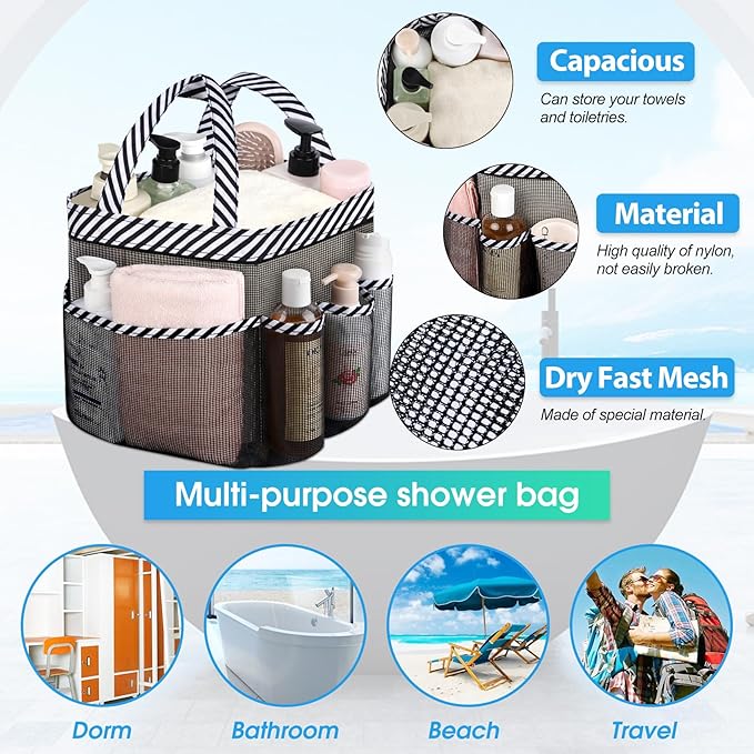 Attmu Mesh Shower Caddy Portable for College Dorm Room Camping Essentials, Shower Caddy Dorm with 9-Pockets, Large Capacity Hanging Basket Bathroom Bag for Toiletry, Swimming, Gym, Camp, Beach