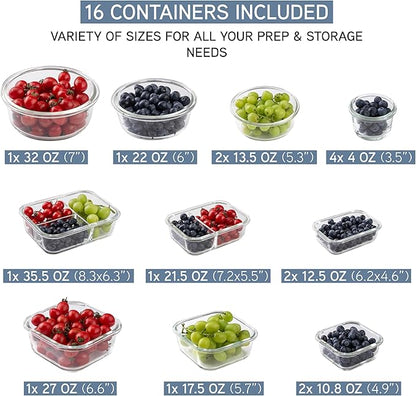 COOK WITH COLOR Premium 32-Pc. Borosilicate Glass Food Container Set with Dividers - 4 Rectangles, 8 Rounds, 4 Squares - Leakproof Lids - Meal Prep, Storage, Blue